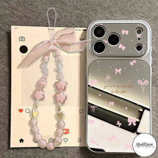 เคสเปลี่ยนกระจก ลายโบว์สีชมพู พร้อมสร้อยข้อมือ น่ารักสำหรับIPhone 17 16 14 15 Air 11 13 12 Pro Max X XS XR 15 16Plus
