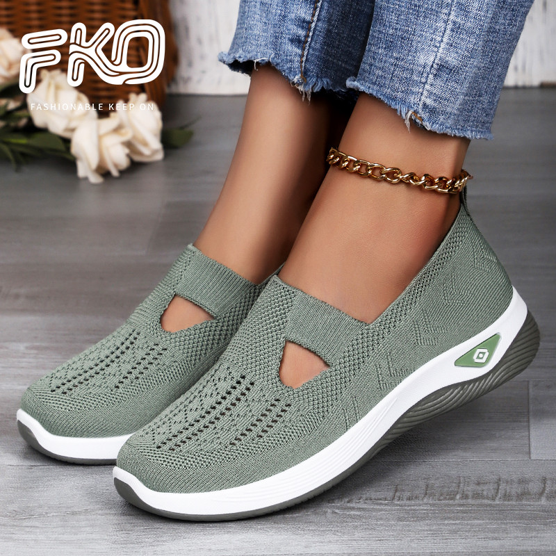 FKO ผู้หญิง SLIP บนถักเดินรองเท้า Breathable Casual Loafers Wedge Anti SLIP PVC Sole สุภาพสตรีกีฬารองเท้า EU 36-44