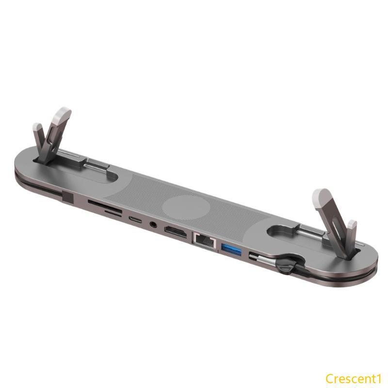 Crescent1 อลูมิเนียม 7 in 1 USB C Stand Dock Gigabit Ethernet Card Reader ขาตั้งแล็ปท็อป