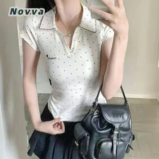 ส่งไวจากไทย ปัก เสื้อยืดแขนสั้นคอปก รวมเสื้อลายจุด เสื้อคอปกกระดุมหน้า ผ้านิ่ม ใส่บาย🎀Novva