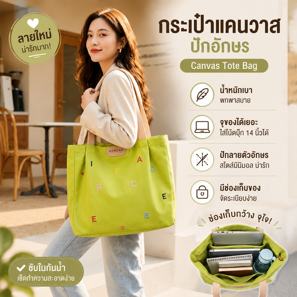กระเป๋าผ้าแคนวาส ปักลายอักษร ใบใหญ่จุของเยอะ สไตล์เกาหลี