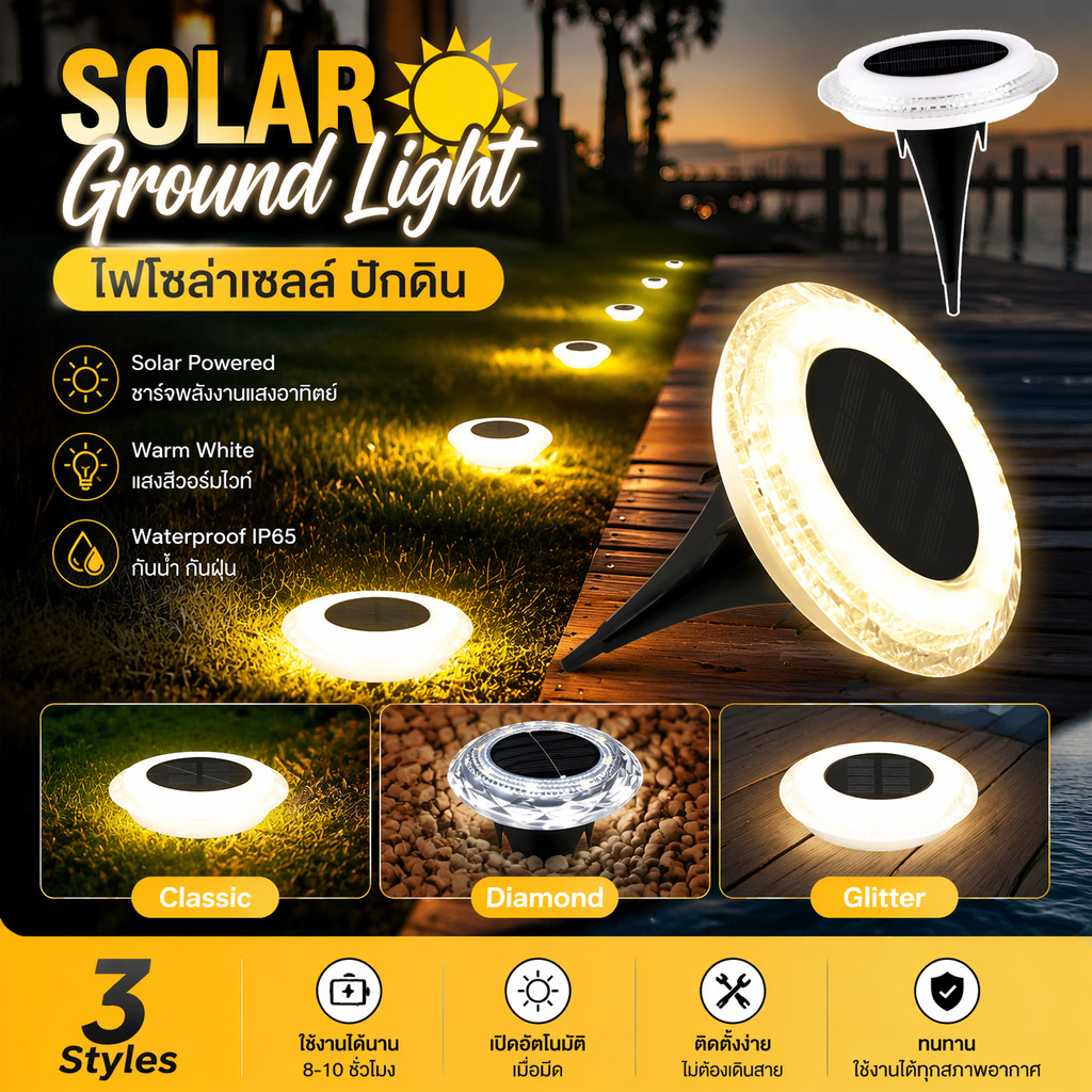 โคมไฟสนามโซล่าเซลล์ LED ฝังพื้น แต่งสวนทางเดิน ไฟสวน 360 องศา IP65 กันน้ำ 5 นิ้ว ไฟติดบันได