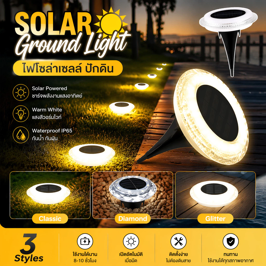 โคมไฟสนามโซล่าเซลล์ LED ฝังพื้น แต่งสวนทางเดิน ไฟสวน 360 องศา IP65 กันน้ำ 5 นิ้ว ไฟติดบันได