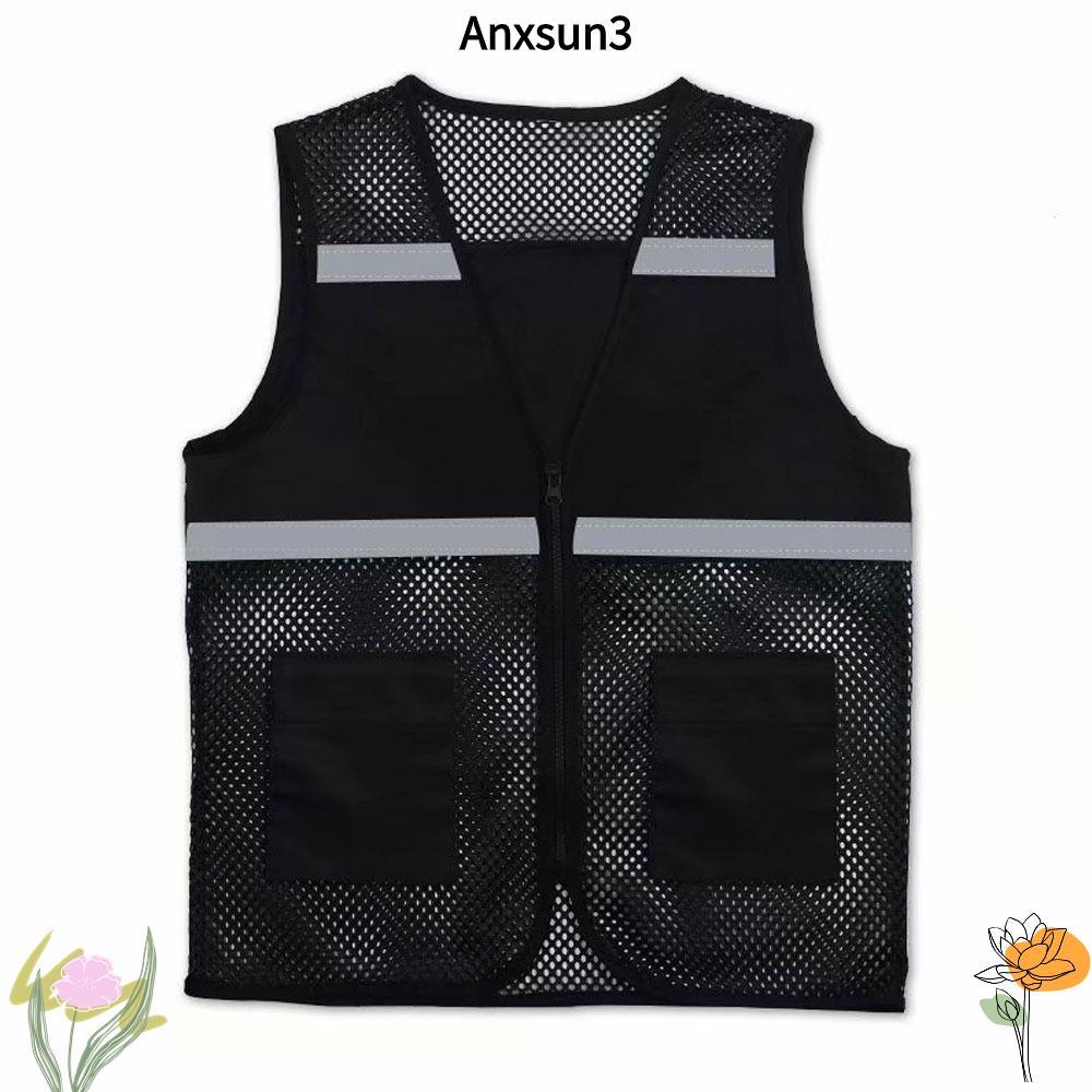 ANXSUN3 เสื้อกั๊กความปลอดภัย,ผ้าสแปนเด็กซ์ระบายอากาศพร้อมแถบสะท้อนแสง,สําหรับเดินด้วยซิปเสื้อกั๊กตาข่ายสีดําการก่อสร้างการจราจรรถไฟ Metro