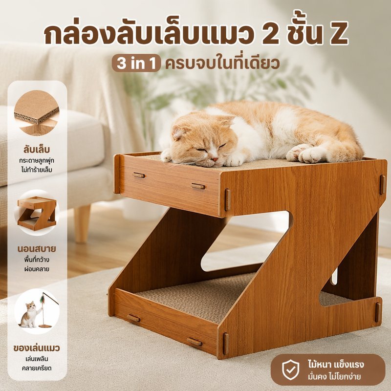 กล่องลับเล็บแมวประเภท Z สองชั้น 3in1 มีฟังก์ชันเป็นที่ลับเล็บ ของเล่นสัตว์และที่นอนแมวในตัวเดียว ทำจากวัสดุหนาคุณภาพสูง