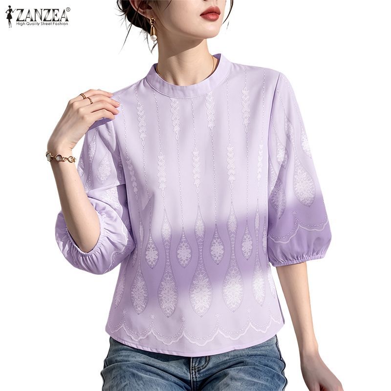 ZANZEA โคมไฟคอ O หรูหราเกาหลีของผู้หญิง 3/4 แขนพิมพ์เสื้อ H-Line หลวม