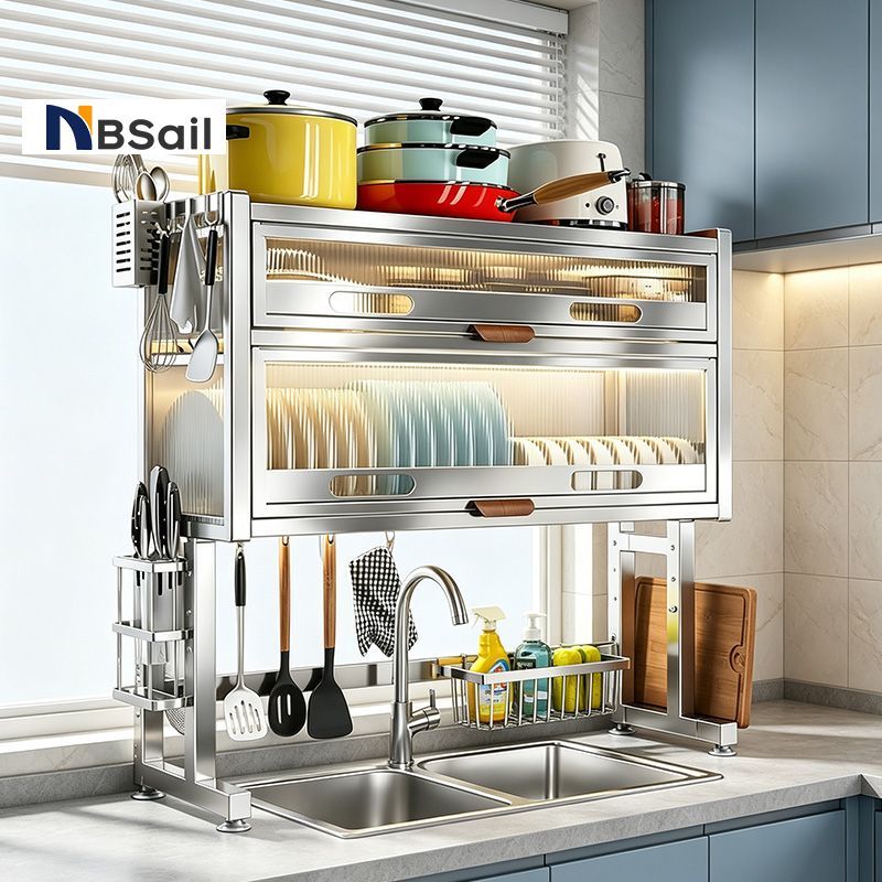 NBsail ชั้นวางจานสำหรับตากแห้งสแตนเลส อะแดปเตอร์สำหรับวางเหนือซิงค์ พร้อมแผ่นระบายน้ำและฝาครอบอะคริลิก ที่จัดระเบียบเค