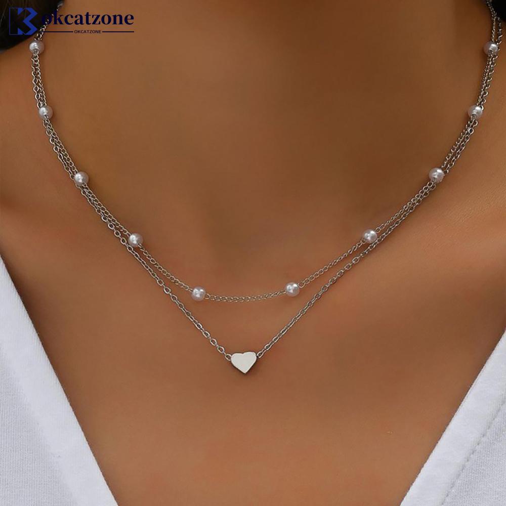 OKCATZONE สร้อยคอและสร้อยข้อมือหัวใจซ้อนสองชั้นมีให้เลือกสีทองและสีเงินชุดเครื่องประดับแฟชั่น R1X8