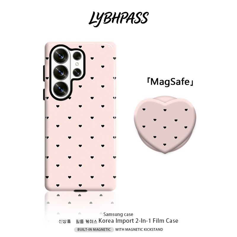 คสซัมซุง+มีขาตั้งแม่เหล็ก แม่เหล็ก MagSafe มินิมอล แฟชั่น รูปหัวใจ สีชมพู ขอบ2ชั้น เคส Samsung galaxy s20 fe s21 s22 plus s23 s24 s25 edge s26 ultra note20 ultra A07 A17 A27 A37 A54 A55 A56 A57 5G เปิดเลนส์ กันกระแทก โทรศัพท์ มือถือ case