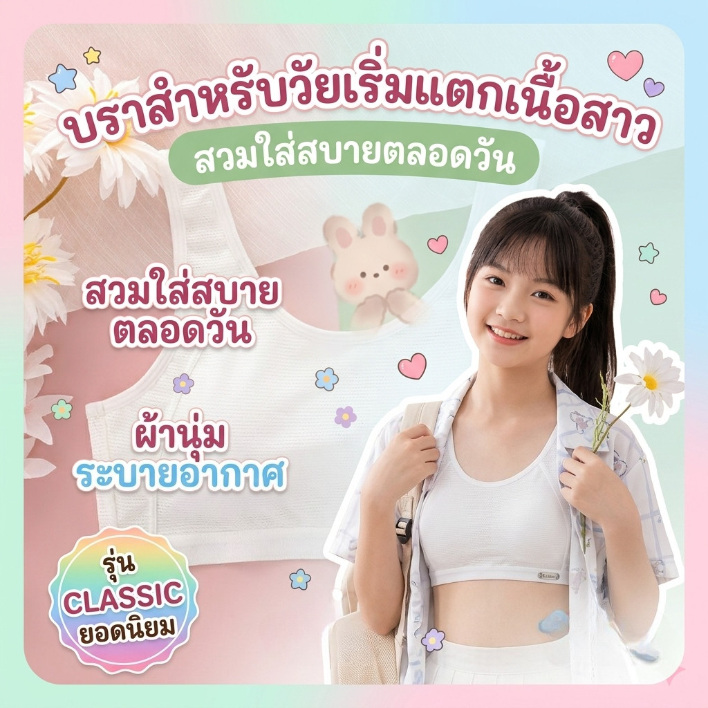 บราเด็กสาววัยเติบโตผ้าตาข่ายระบายอากาศสูง คัพหนา บางเบาป้องกันจุดโด่ง คัพติดแน่นไม่เลื่อน สายกว้างใส่สบายฤดูร้อนสำหรับนักเรียนหญิง