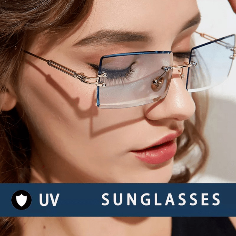 แว่นกันแดดทรงสี่เหลี่ยมผืนผ้าไม่มีขอบเลนส์ไล่ระดับสี Retro Y2K แฟชั่น Shades สําหรับผู้หญิงผู้ชาย Streetwear Travel