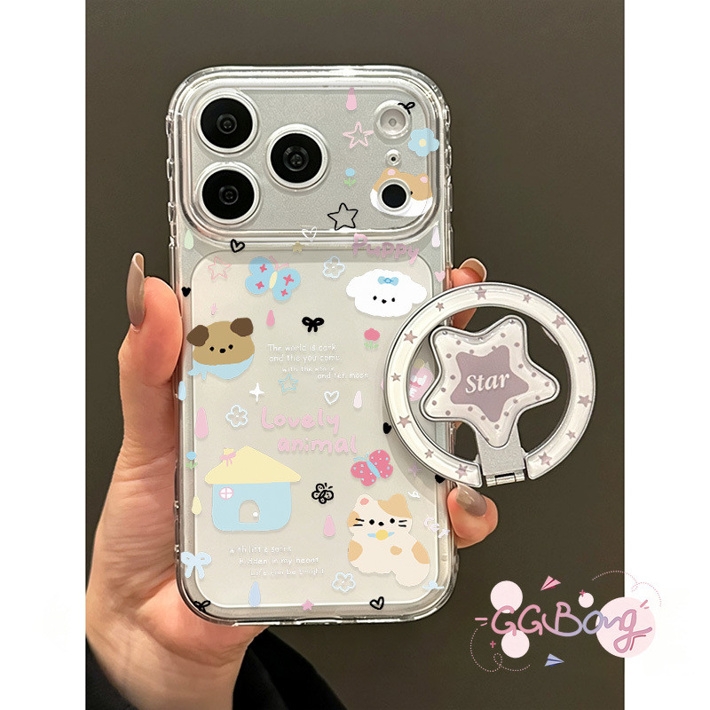สำหรับ IPhone 16 17 15 14 11 Air 12 13 Pro XR X XS Max 16 14 7 8 15 Plus เคสใส ลายหัวใจฟอง พร้อมขาตั้งดาว สัตว์น่ารัก