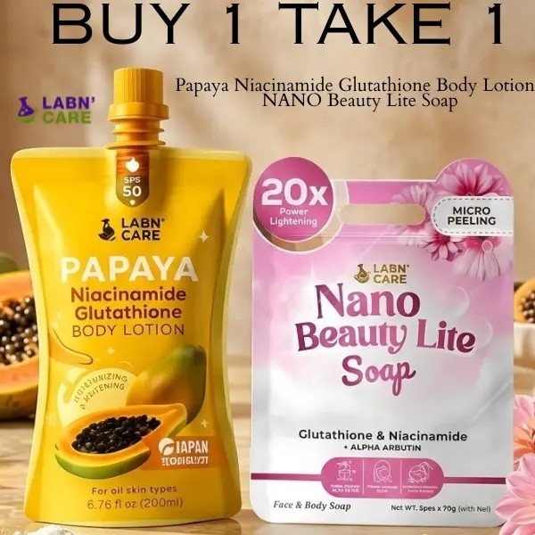 Labn Care Set- PAPAYA Niacinamide Glutathione Body Lotion (pouch) 200ml & NANO Beauty Lite Soap 5 ชิ