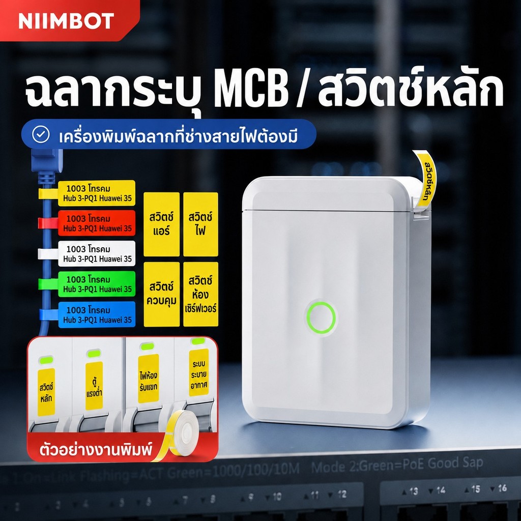 NIIMBOT D110M เครื่องพิมพ์ฉลากสายไฟ Bluetooth ไม่ใช้หมึก สำหรับสายชาร์จ LAN อะแดปเตอร์ และจัดระเบียบสาย