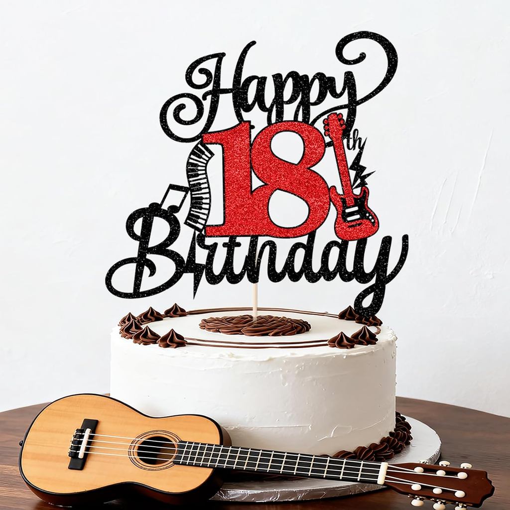 Happy 18th Birthday Cake Topper - Music Guitar Themed, Black Red Glitter Rock & Roll Cake Decor for 