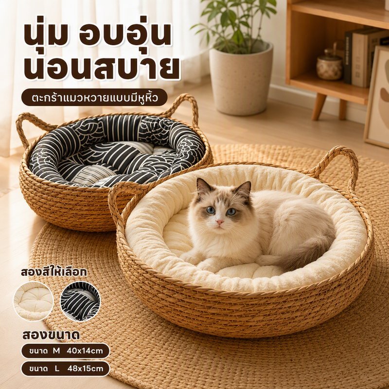 ตะกร้านอนแมว เบาะนอนแมว ผ้าฝ้าย นุ่ม ระบายอากาศ หลุมนอนแมว พร้อมหมอน ถอดซักได้ สำหรับแมวสุนัข