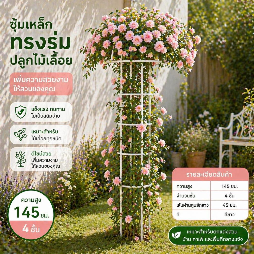 ซุ้มไม้เลื้อยทรงร่ม วัสดุเหล็กเคลือบ PE กันสนิม เหล็กกันสนิม แข็งแรง ติดตั้งง่าย สำหรับกุหลาบ/ไม้ดอก/สวนบ้าน