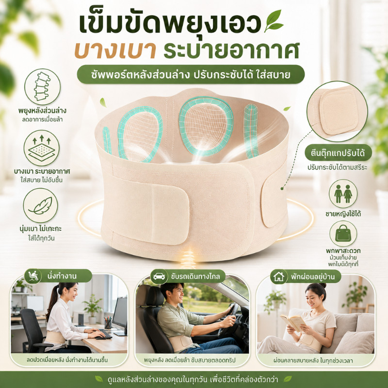 เข็มขัดพยุงหลัง รุ่นใหม่จากญี่ปุ่น สายรัดเอว แบบบาง ใช้ได้ทั้งหญิงและชาย แก้ปวดหลัง กระดูกคต เสริมบุคลิกภาพ พยาบาล