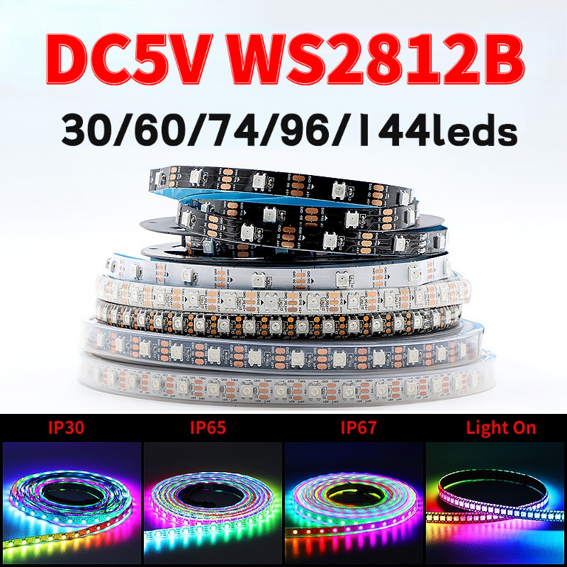 1 m/5 เมตร/ม้วน DC5V สมาร์ท WS2812 IC RGB LED Pixel Strip 30/60/74/96/144 Leds/m WS2812 สีดํา/สีขาว 