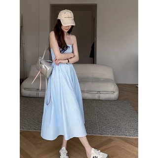 ส่งไวจากไทย สีพื้น สไตล์หรูหรา เดรสออกงานสายเดี่ยว เปิดหลัง ชุดเดรสผู้หญิง ผูกเชือกด้านหน้า ด้านหลัง