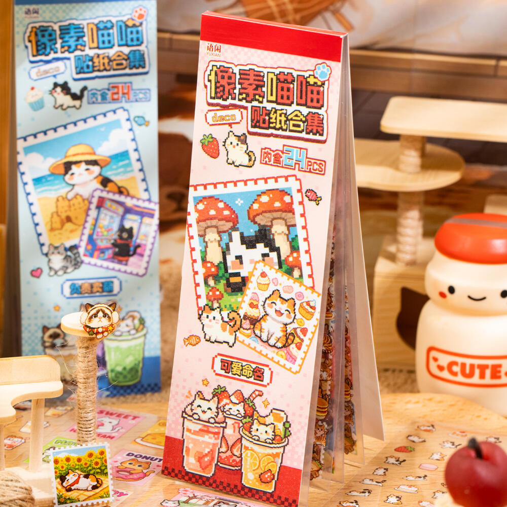 WEI 24 ชิ้น [Pixel Meow Series] สติ๊กเกอร์แมวลายสีส้มผ้าดิบสติ๊กเกอร์สัตว์น่ารักวารสารสมุดภาพไดอารี่อุปกรณ์