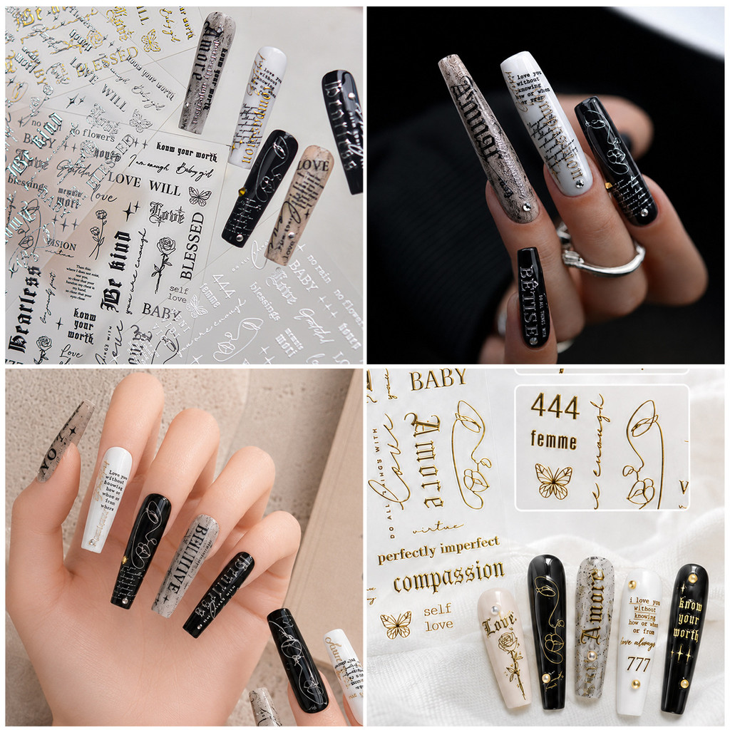 [Meow.Sensei] tomoni Embossed Nail Stickers diy Dark Style Nail Stickers Retro English Letter Sticke