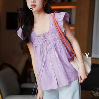 Lovito วันหยุด เสื้อเบลาส์ สีพื้น คอระบาย สไตล์ สำหรับผู้หญิง L121MD622