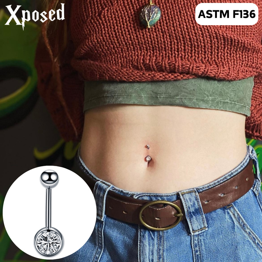 จิวสะดือเงินแท้ จิวสะดือ Xposed เจาะ F136 Medical Implant เกรดไทเทเนียมปุ่มท้องเล็บเพชร Strobe Zirco
