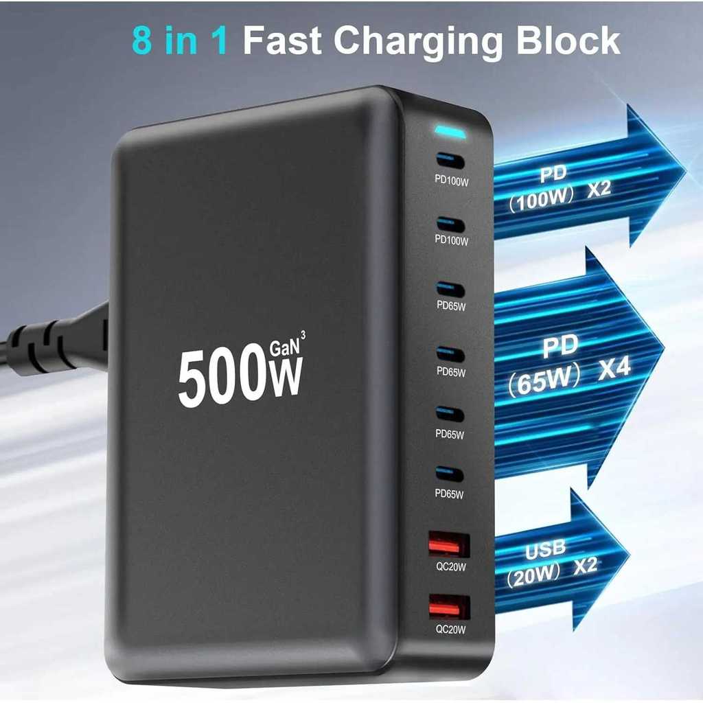 USB Docking Station Charger 8 พอร์ตประเภท C PD QC GaN3 500W Multi Port Charger Adapter Fast Charge แ