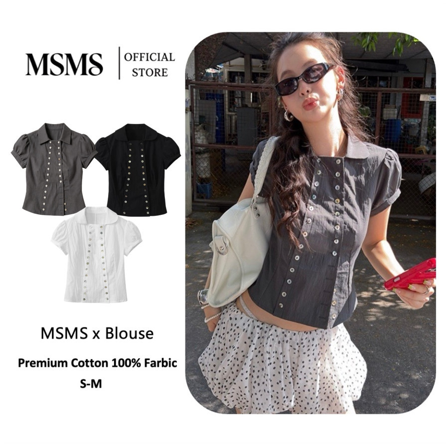 Puff Sleeve Double Button Blouse เสื้อเบลาส์ปกคอแขนฟองคู่แถวกระดุม ทรงครอปรัดเอวผู้หญิง มี3สี ขาว/เทา/ดำ Size S-L