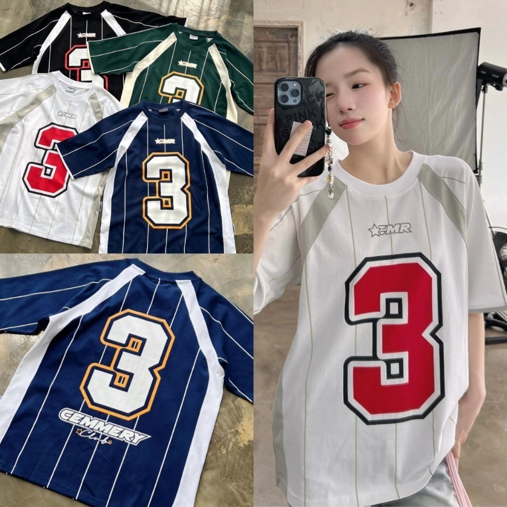 Unisex NO.3 Softball V คอ Oversize เสื้อยืดลําลอง Streetwear คู่ Tee 4 สี