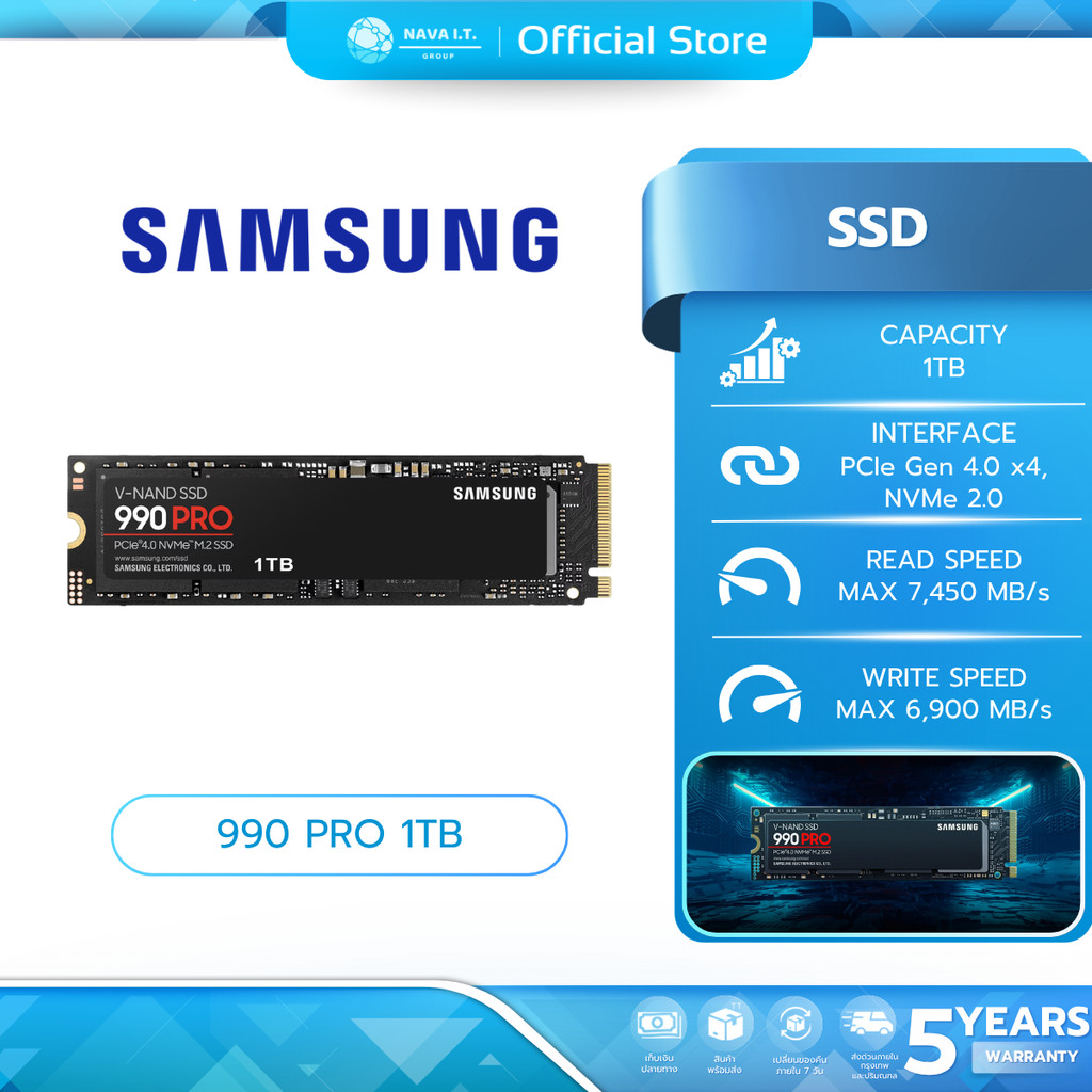 SAMSUNG SSD (เอสเอสดี) 990 PRO 1TB PCIe Gen 4.0 x4, NVMe 2.0 (MZ-V9P1T0BW) WARRANTY 5 YEARS