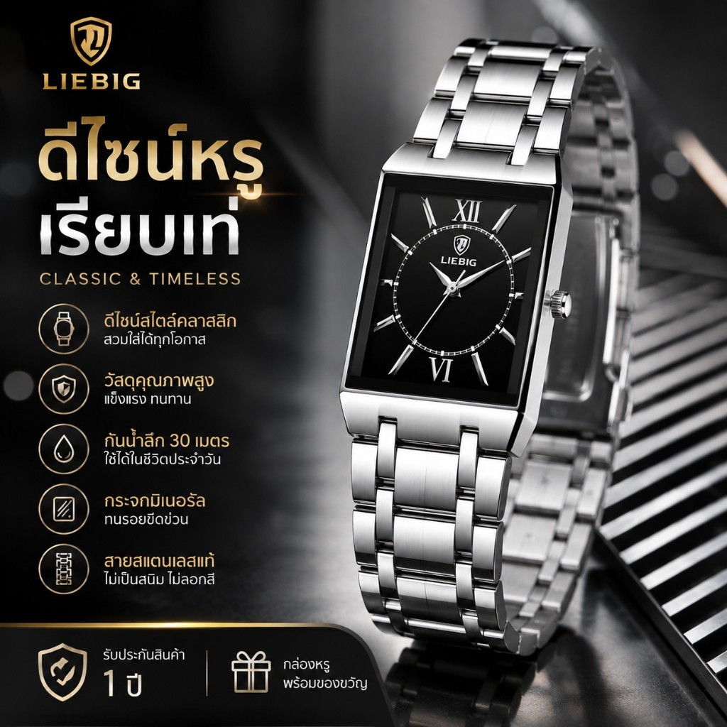 นาฬิกาข้อมือผู้ชาย LIEBIG หน้าปัดสี่เหลี่ยม สายสแตนเลสแท้ ควอตซ์ กันน้ำ 30 เมตร สไตล์คลาสสิกธุรกิจ