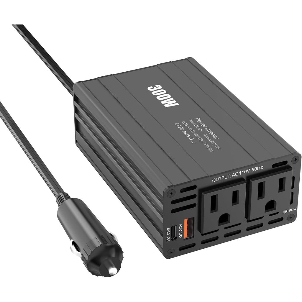 อินเวอร์เตอร์พลังงาน 300W – ตัวแปลงรถ DC 12V to AC 110V พร้อมพอร์ต USB-C & QC 24W – อะแดปเตอร์ชาร์จใ