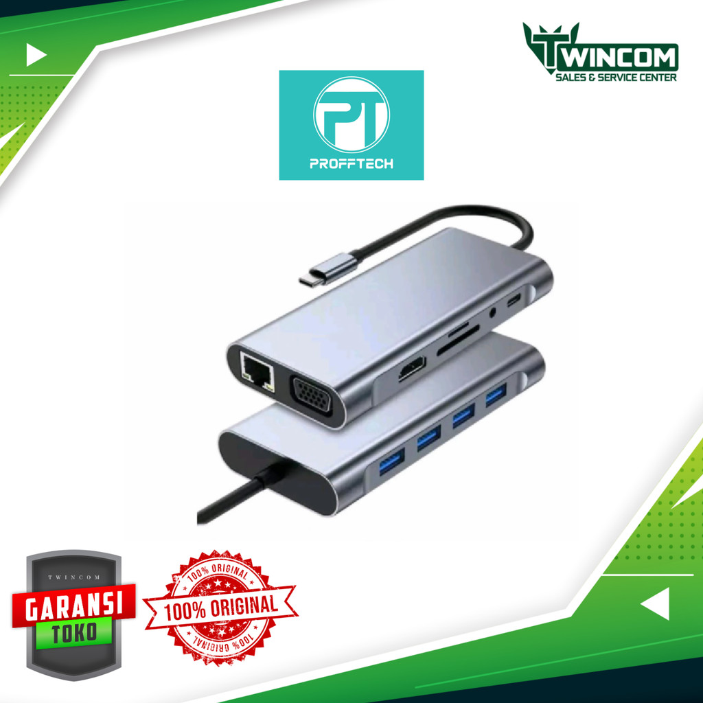 PROFFTECH - TYPE C 11 IN 1 | CONVERTER TYPE C HUB 11 IN 1 USB TF SD TV HD PD Type-C LAN/RJ45 AUX VGA