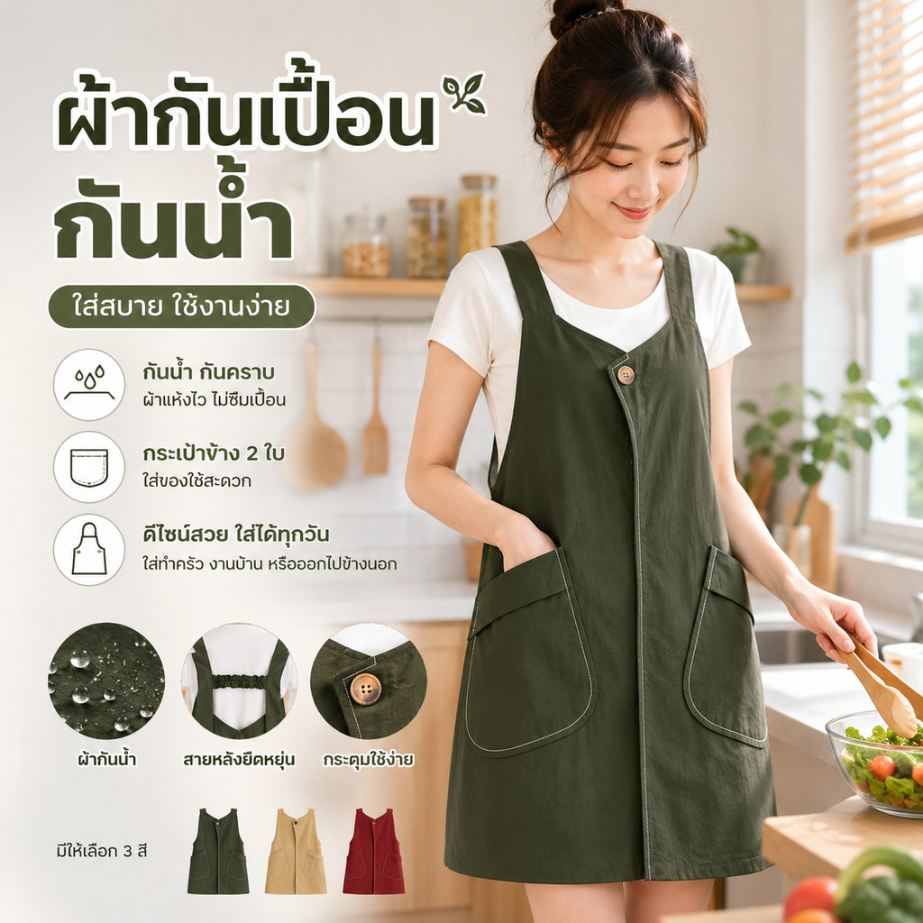 ผ้ากันเปื้อนกันน้ำกันน้ำมันสำหรับผู้หญิง เหมาะสำหรับทำอาหาร อบขนม สวมใส่ทำงาน ปรับขนาดเอวได้