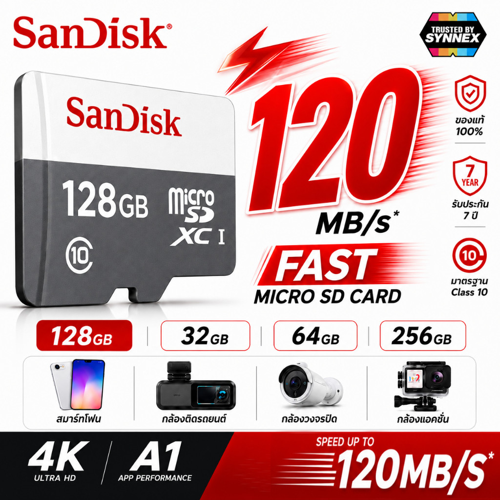 แท้100%Sandisk การ์ดไมโครเอสดี Class10 100MB/s 32GB-1TB ใช้ได้ทั้งมือถือ กล้องรถ กล้องวงจรปิด