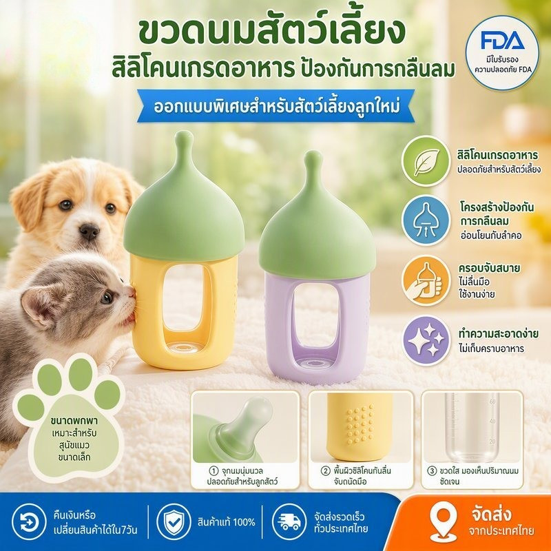 ขวดนมสัตว์เลี้ยง 60ml กันสำลัก จุกนมซิลิโคนนุ่ม สำหรับสัตว์เล็กแรกเกิด ป้อนนมและน้ำได้ ใช้งานง่าย ทนทาน
