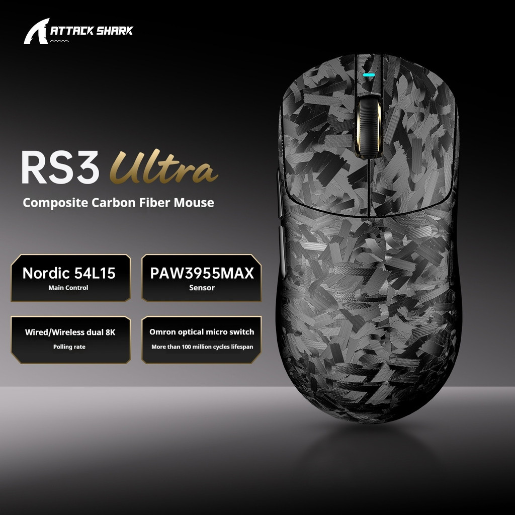 ATTACKSHARK RS3Ultra เมาส์ไร้สายคาร์บอนไฟเบอร์น้ําหนักเบา PAW3950 Gaming เมาส์ 8K คู่สามโหมด