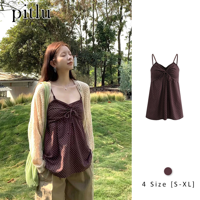 Pitlu ชุดเดรสสายเดี่ยว จุดโบก ผูกโบว์หน้าอก สไตล์วินเทจ สีน้ำตาลเข้ม ชุดกระโปรงสั้นผู้หญิงฤดูร้อน