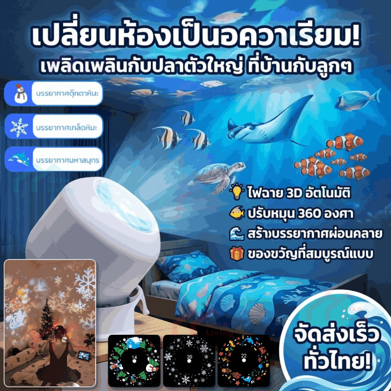 โคมไฟโปรเจคเตอร์ทะเลสำหรับเด็ก ไฟกลางคืน LED ฉายภาพสัตว์ทะเล หมุนได้ 360° ใช้ USB ตกแต่งห้องนอน ของขวัญวันเกิด