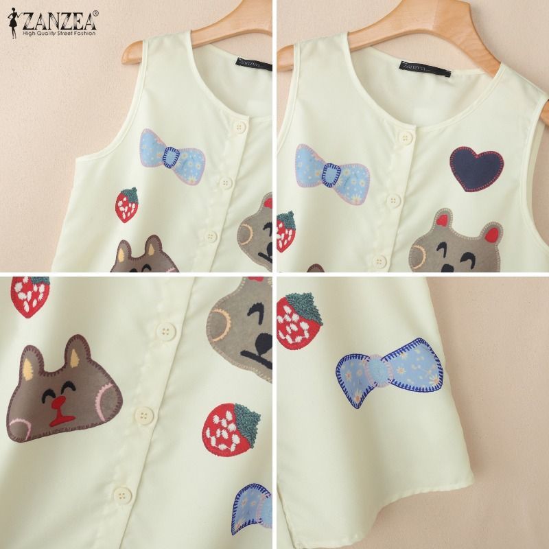 ZANZEA ผู้หญิงเกาหลีลําลองการ์ตูนพิมพ์รอบคอหลวมแขนกุด Tank Tops — صورة 8