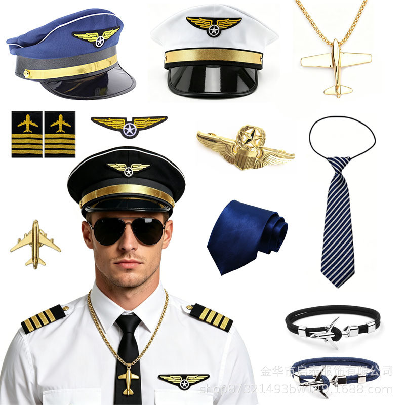 เครื่องแต่งกายฮาโลวีน Pilot Captain Hat Uniform Bar Accessories Party คอสเพลย์ Dress Up Suit Europe 
