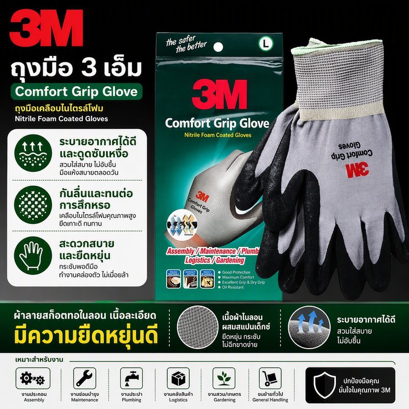 3M ถุงมือไนล่อนเคลือบไนไตร PU กันบาด ลื่น มัน ใส่สบาย ระบายอากาศดี ขนาด ทนการเสียดสี ถุงมือช่าง gloves ถุงมือปอกทุเรียน