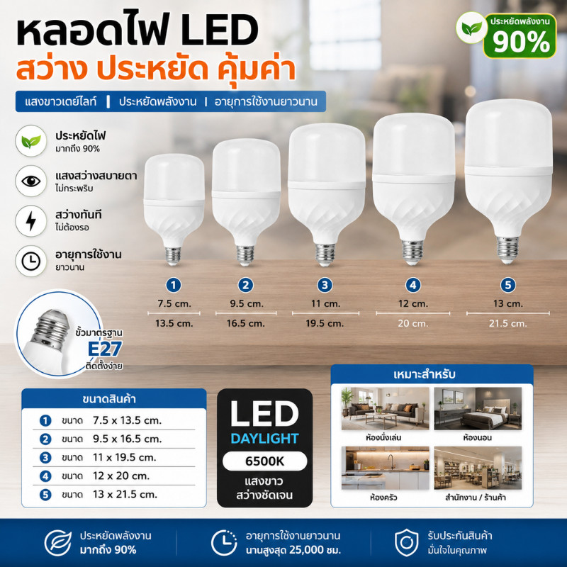 TT HOME01 หลอดไฟ LED หลอดไฟประหยัดพลังงาน แสงขาว หลอดไฟขาว สว่าง ทนทาน