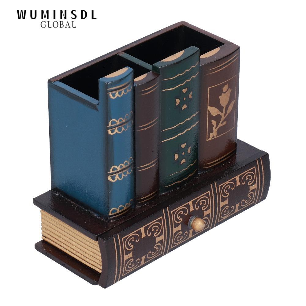 WUMINSDL Retro Pencil Holder, MDF Dark Brown Desktop Stationery Organizer, เครื่องเขียน 5.91 X 5.31 