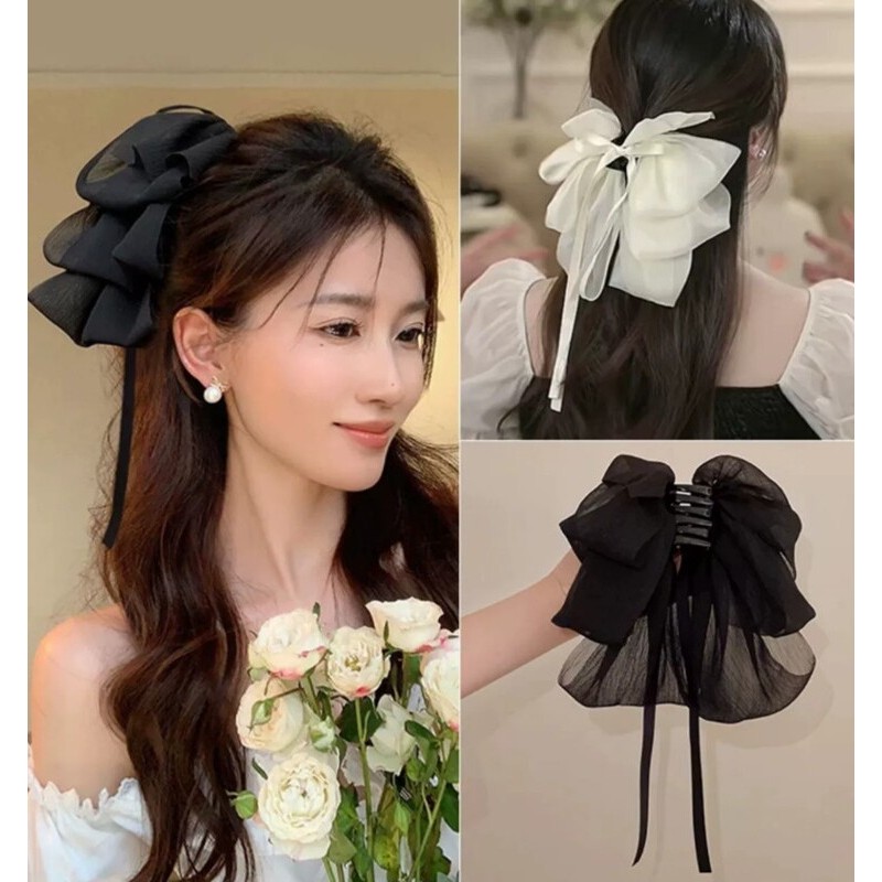 Super Fairy~Gauze Bow Grab Clip 2023 Tik Tok Hot-sale Half-tie Hair Shark Clip Mori Style Back Head 
