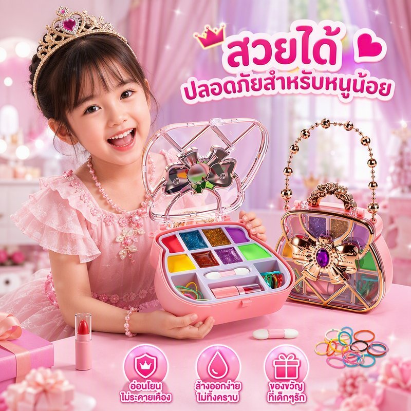 ชุดแต่งหน้าเด็กผู้หญิง ชุดแต่งหน้าเด็ก กล่องเครื่องสำอางหูหิ้ว รูปหัวใจ ลายเจ้าหญิง วัสดุปลอดภัย
