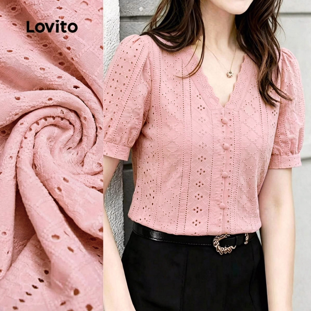 Lovito เสื้อเบลาส์สีชมพูผู้หญิง แบบเรียบ สไตล์ฤดูใบไม้ผลิ/ฤดูร้อน L195ED061