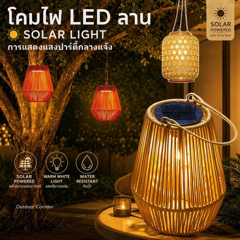 โคมไฟสนามพลังงานแสงอาทิตย์ สไตล์หวายไม้ไผ่ LED แสงวอร์ม ทนทาน สำหรับตกแต่งสวนปีใหม่